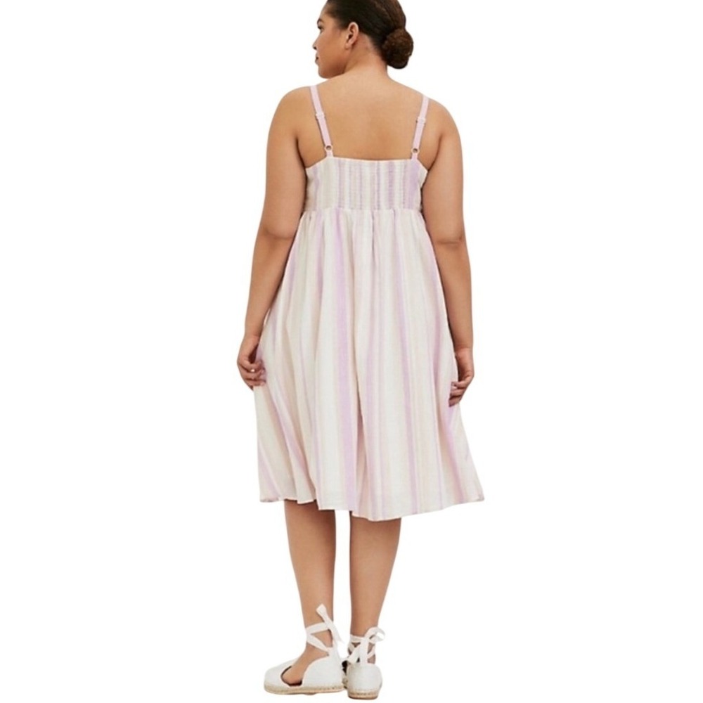 Torrid Linen/Cotton Midi Dress Womens 2X Purple Tan Striped Button Front Pocket - Picture 6 of 10